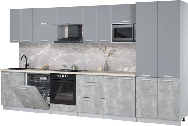 Изображение товара Кухонный гарнитур Интерлиния Мила Лайт 3.8-ПМ2 (серебро/бетон/травертин серый)