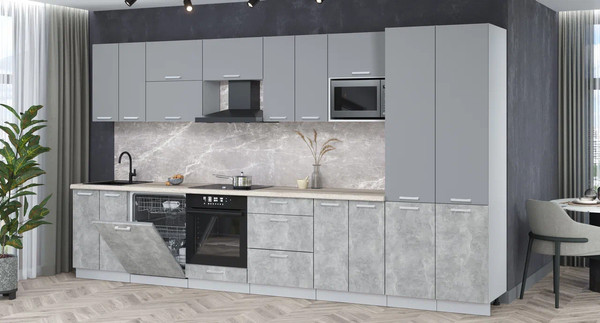 Изображение товара Кухонный гарнитур Интерлиния Мила Лайт 3.8-ПМ2 (серебро/бетон/травертин серый)