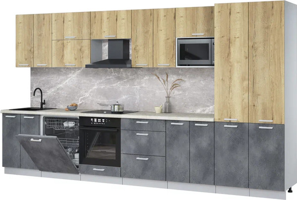 Изображение товара Кухонный гарнитур Интерлиния Мила Лайт 3.8-ПМ2 (дуб золотой/бетон портленд/опал светлый)