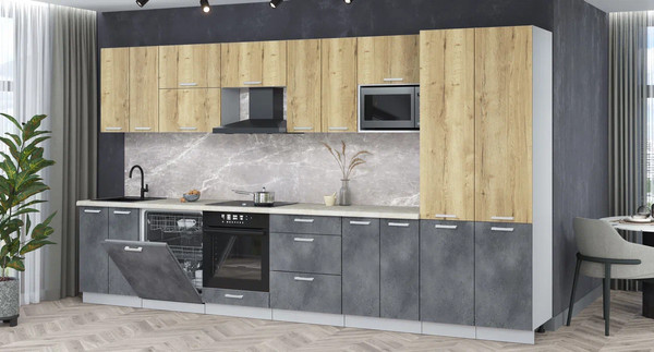 Изображение товара Кухонный гарнитур Интерлиния Мила Лайт 3.8-ПМ2 (дуб золотой/бетон портленд/опал светлый)