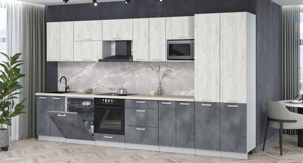 Изображение товара Кухонный гарнитур Интерлиния Мила Лайт 3.8-ПМ2 (дуб белый/бетон портленд/травертин)