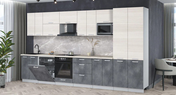 Изображение товара Кухонный гарнитур Интерлиния Мила Лайт 3.8-ПМ2 (вудлайн кремовый/бетон портленд/бискайская сосна)