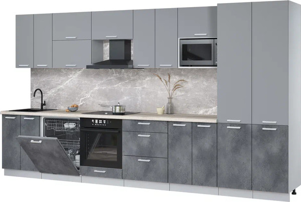 Изображение товара Кухонный гарнитур Интерлиния Мила Лайт 3.8-ПМ2 (серебро/бетон портленд/травертин серый)