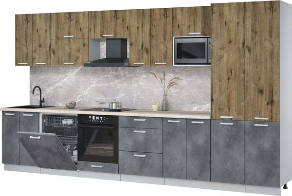 Изображение товара Кухонный гарнитур Интерлиния Мила Лайт 3.8-ПМ2 (дуб веллингтон/бетон портленд/травертин серый)