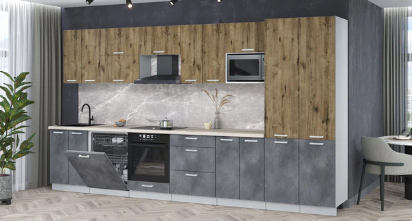 Изображение товара Кухонный гарнитур Интерлиния Мила Лайт 3.8-ПМ2 (дуб веллингтон/бетон портленд/травертин серый)