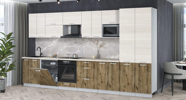 Изображение товара Кухонный гарнитур Интерлиния Мила Лайт 3.8-ПМ2 (вудлайн кремовый/дуб веллингтон/бискайская сосна)