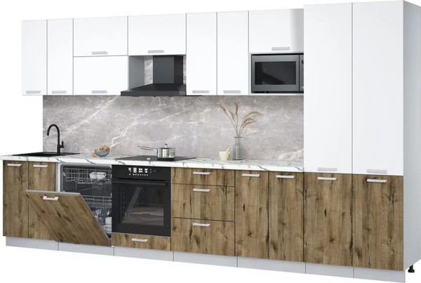 Изображение товара Кухонный гарнитур Интерлиния Мила Лайт 3.8-ПМ2 (белый платинум/дуб веллингтон/белый гранит)