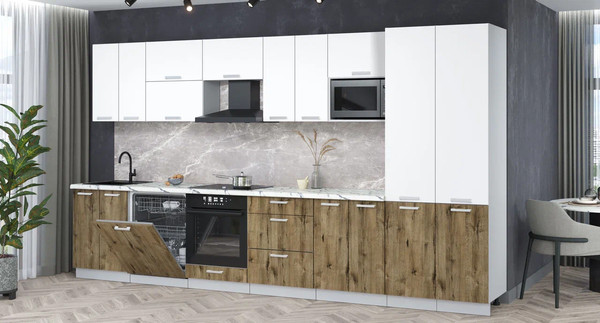 Изображение товара Кухонный гарнитур Интерлиния Мила Лайт 3.8-ПМ2 (белый платинум/дуб веллингтон/белый гранит)