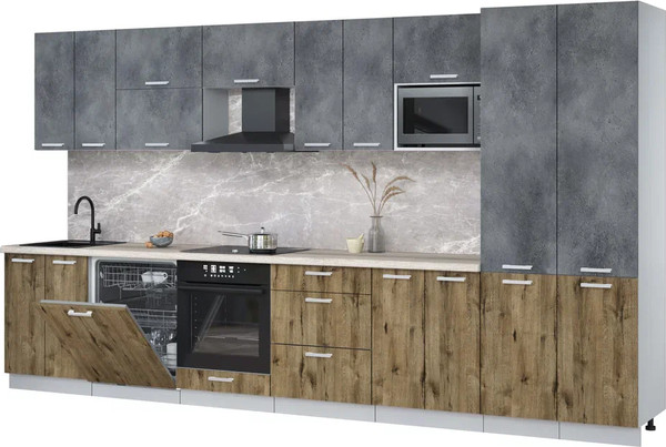 Изображение товара Кухонный гарнитур Интерлиния Мила Лайт 3.8-ПМ2 (бетон портленд/дуб веллингтон/травертин серый)