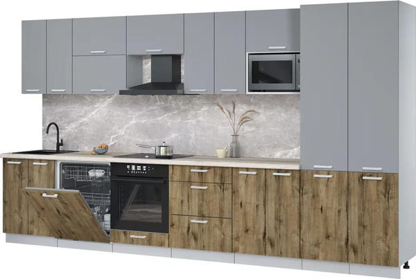 Изображение товара Кухонный гарнитур Интерлиния Мила Лайт 3.8-ПМ2 (серебро/дуб веллингтон/травертин серый)