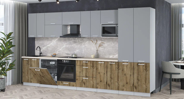 Изображение товара Кухонный гарнитур Интерлиния Мила Лайт 3.8-ПМ2 (серебро/дуб веллингтон/травертин серый)